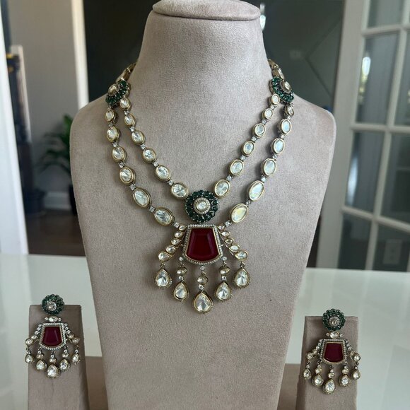 Victorian Kundan Necklace Set with Ruby & Emerald - Picture 1 of 6